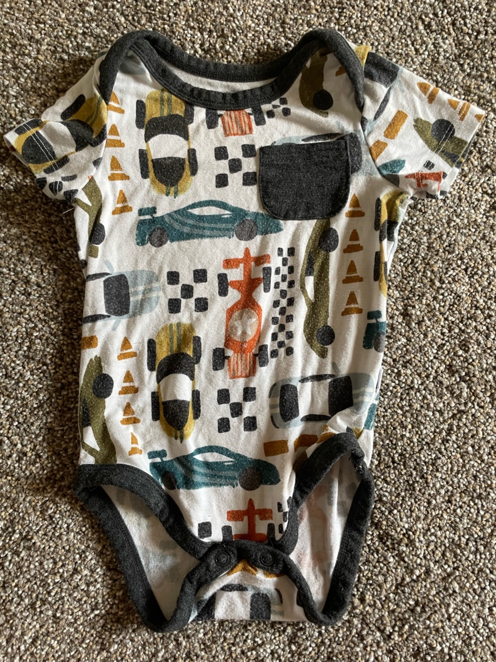 Little Sleepies White Race Car Print One-Piece Bodysuit with Black Trim